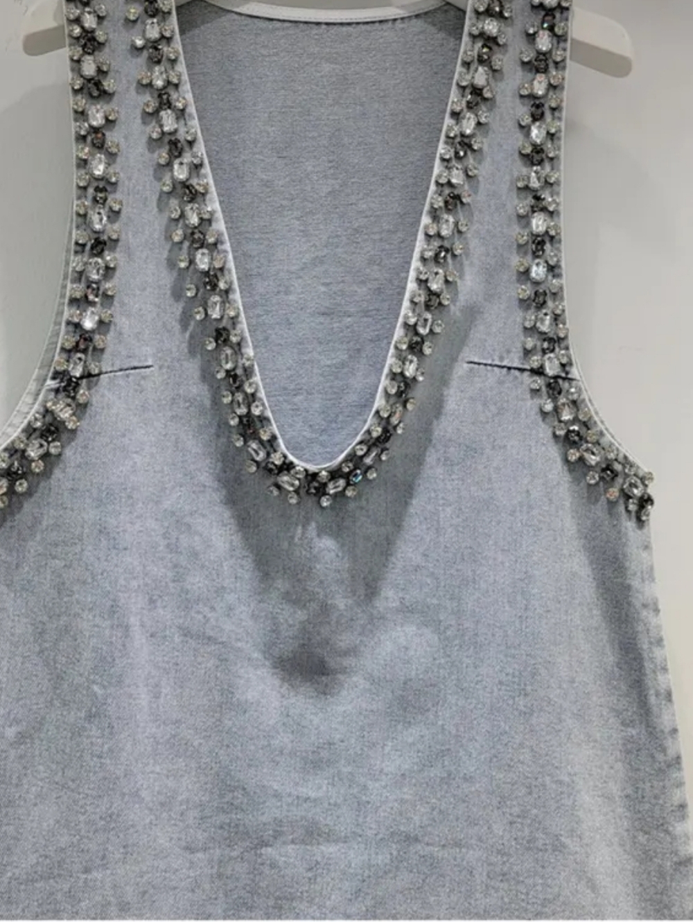 Embellished Light Blue Denim Mini Dress - Deep V - Picture 7 of 8
